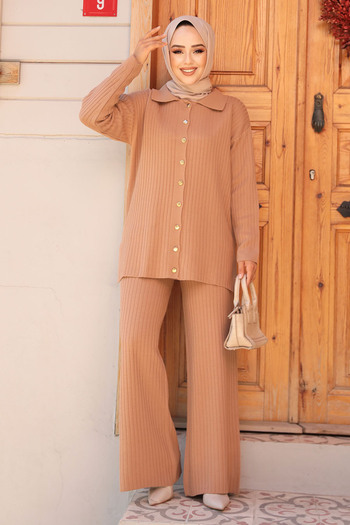 Neva Style Hijab Knitwear Biscuit Double Set - Buttoned, 10239Bs
