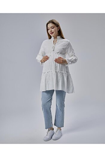 Işşıl Işşil 50877-Brode Frilly Judge Collar Maternity Shirt-Tunic