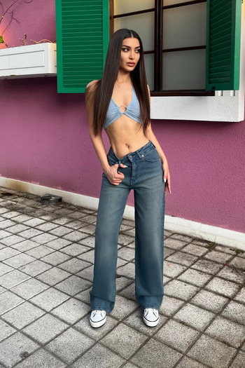 BİKELİFE Blugi de damă cu talie înaltă din Lycra cu efect retro cu picioare largi