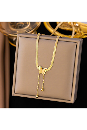 Generic Stainless Steel Frosted Butterfly Pendant Fashion Snake Bone Chain Titanium Steel Tassel Necklace