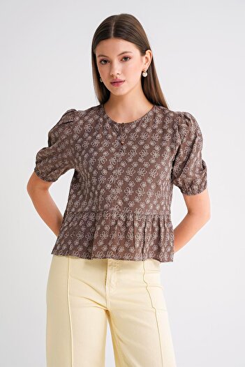 Mixray 4688 Women's Balloon Sleeve Floral Patterned Peplum Blouse Brown