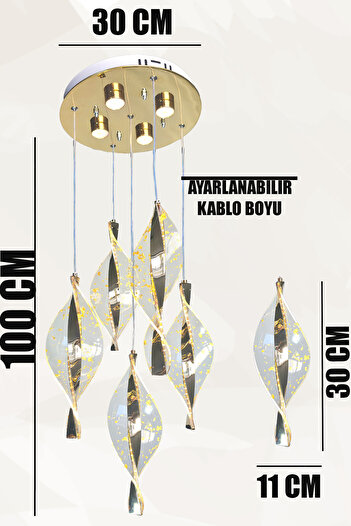 FUZON 3 Renk Kumandalı Gold Kaplama Sarkıt Modern Led Avize 5li Yaprak Salon Avize