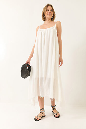 Bianco Lucci Damen-Sommerkleid aus langem Leinen mit dünnem Träger und lockerem Futter aus Baumwolle 5971 60281031