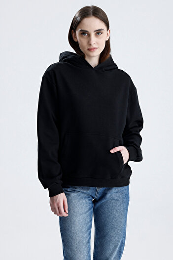 Sofist İstanbul Black Relaxed Fit Unisex Hoodie 100% Cotton Hooded Solid Color Sweatshirt with Kangaroo Pocket