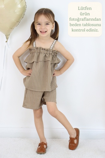 FESSHERA KİDS Strappy Striped Shorts Set – Ruffle and Floral Embroidery Detail 💜