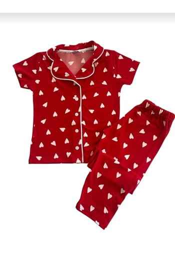 Minimoon Cotton Girl's Button Heart Patterned Pajamas Set