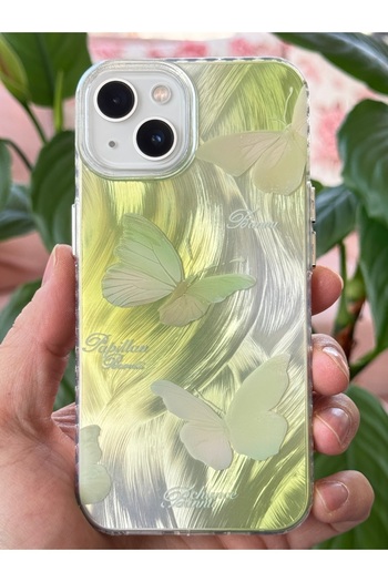 Fibaks Iphone 13/14/15 Uyumlu Kılıf Parlak Hologram Yeşil Kelebek Desenli Darbe Emici Kamera Korumalı