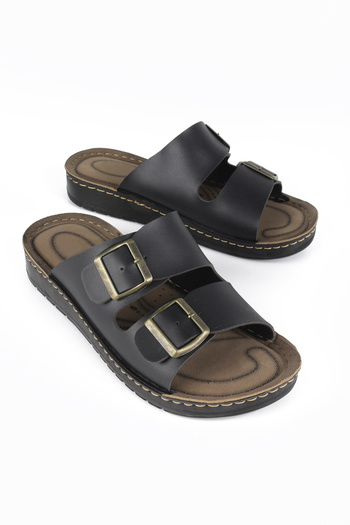 LUGMO Faux Leather Eva Slippers Stitched Metal Double Buckle Men's Comfort Lightweight Non-Slip Black
