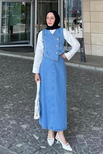 lamelif Cruvaz Closed Denim Skirt Suit Ice Blue