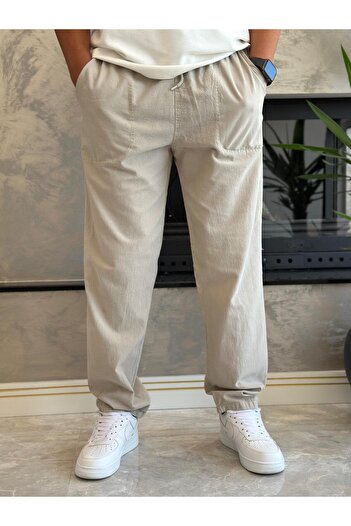 ECARTS Men's Waist Lace-Up Baggy Fit Linen Trousers Beige Eca005