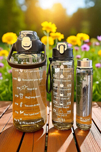 Tilbe Home 3-Piece Motivational Water Bottle Tritan Sports Water Bottle Water Bottle 2000+900+500ml Sticker Straw Water Bottle