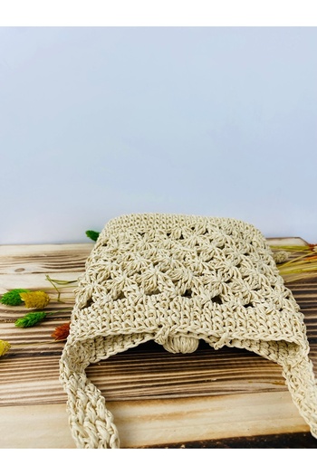 PACHİRA Knitted Shoulder Bag with Paper Rope Straw Strap - Phone Bag Width 18cm Length 19 cm Strap 135 cm