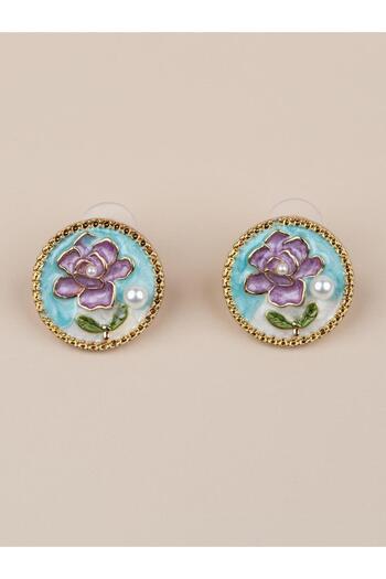 Portakal Esintisi Alvéria Flower Motif Blue White Enamel Pearl Vintage Art Earrings