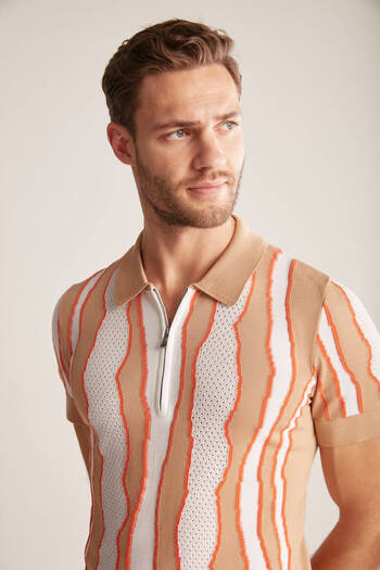 Hemington Stripe Detailed Sand Color Mercerized Cotton Knitwear Polo