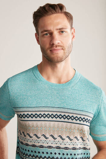Hemington Linen Cotton Blend Ethnic Pattern Blue Knitwear T-Shirt