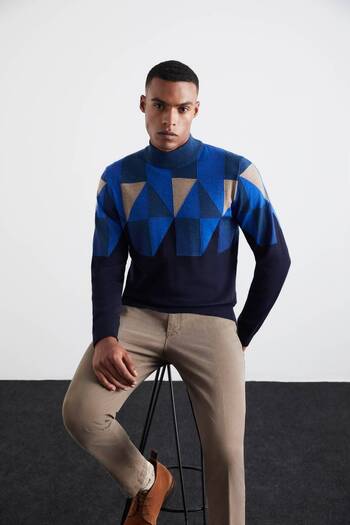 Hemington Patterned Navy Blue-Camel Half Turtleneck Merino Wool Sweater