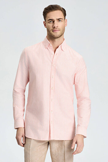 Hemington Pure Cotton Salmon Color Striped Oxford Shirt