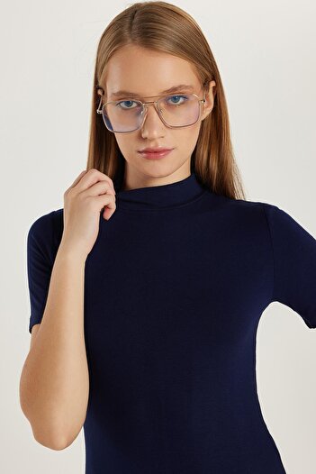 Tudors Women's Standard Fit Short Sleeve Half Turtleneck Navy Blue Blouse
