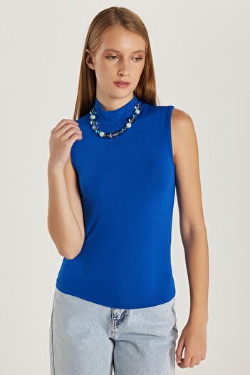 Tudors Women's Regular Fit Classic Cut Viscose Fabric Turtleneck Zero Sleeve Blue Blouse
