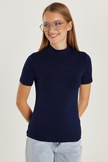 Tudors Women's Standard Fit Short Sleeve Half Turtleneck Navy Blue Blouse