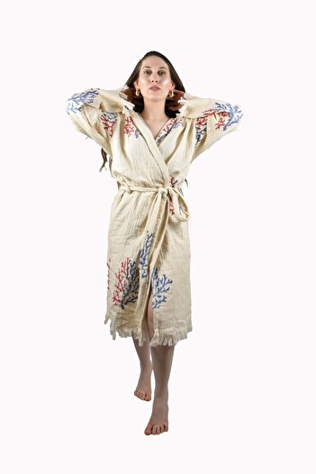 FACCİ Blue Coral Muslin Peshtemal Cotton Bathrobe Tasseled Dressing Gown Cotton Muslin Hammam Dressing Gown