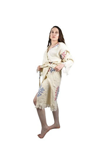 FACCİ Blue Coral Muslin Peshtemal Cotton Bathrobe Tasseled Dressing Gown Cotton Muslin Hammam Dressing Gown