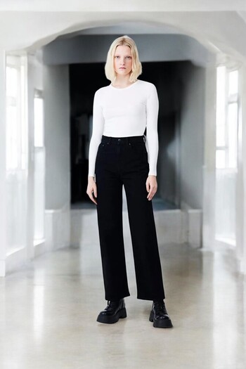Livik Jennifer Young Girl Black High Waist Elastane Blended Unlined Wide Leg Jeans