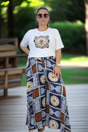 yagmurberen Wide Cut Cotton Viscosse Pants Skirt Combed Bluz Double Suit with Elastic Belt