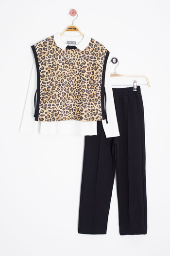 Cansın Mini White Leopard Patterned Sweater and Badi Girl's Trouser 3 Piece Set 20690