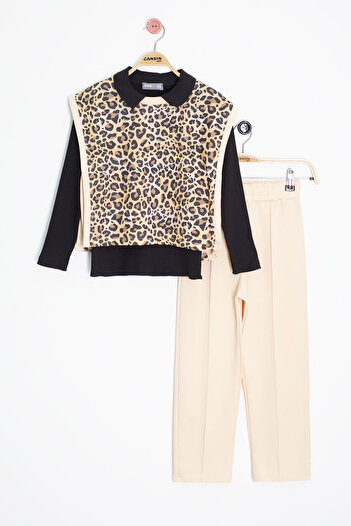 Cansın Mini Κρεμ Leopard Patterned Sweater Badi Girl's Pants 3 τεμαχίων 20665