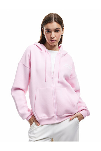Koton Printed Long Sleeve Hooded Kangaroo Pocket Zippered Sweatshirt