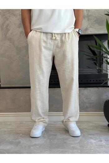 ECARTS Men's Comfortable Fit Linen Trousers Cream Eca001