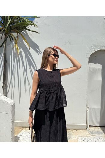 REFİŞ BUTİK VE AKSESUAR Chiffon Black Sleeveless Bluz Long Skirt Set
