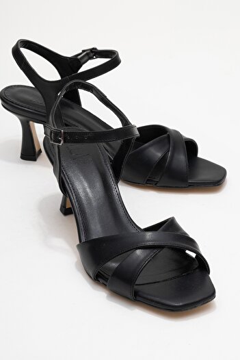 LuviShoes Melin Black Leather Cross Strap Women's Heeled Shoes