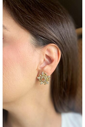 Sacha Accessories Flower Figured Stone Gold Earrings