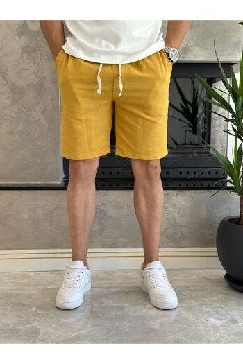 ECARTS Men's Lace-Up Comfortable Fit Linen Shorts Yellow Eca006