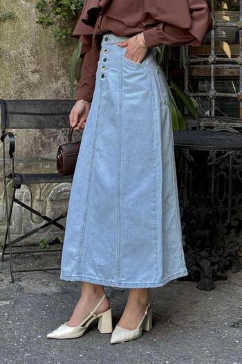 lamelif Fusta din denim Hijab cu detaliu nasture Albastru deschis