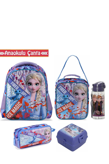 Frozen Elsa Licensed Premium Kindergarten Bag Set Nutrition Water Bottle Pen Holder Food Container Set of 5