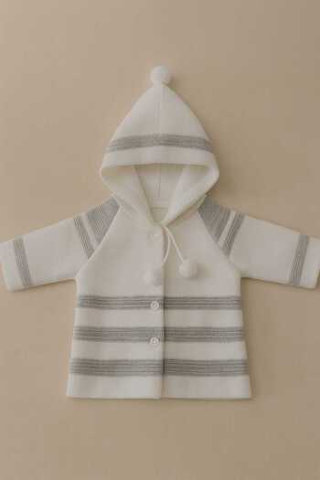 Cevval Striped Hooded Pompom Double Layer Knitted Baby Cardigan