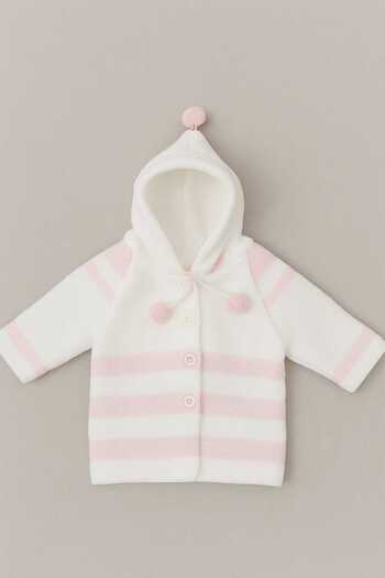 Cevval Striped Hooded Pompom Double Layer Knitted Baby Cardigan