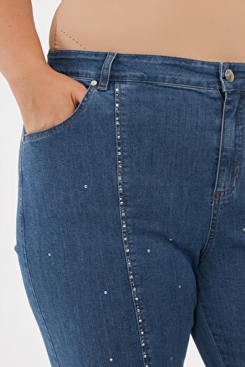 RMG Paça Yırtmaçlı Taş Detaylı Büyük Beden Kot Pantolon Mavi