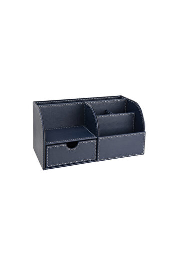 2K Desktop Organizer, Pen Holder, Remote Control, Cube Memo Pad Holder, Tablet Holder, Bookshelf, 6 Compartments, Drawer, Navy Blue