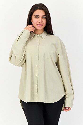 Giordano Women Spread Collar Long Sleeve Plain Shirt, Moss Grey