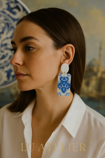 Lu Atelier Lu-1 Handmade Ethnic Patterned Polymer Clay Earrings – Blue & White