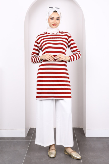 İmajButik Burgundy Striped Long Sleeve Tunic