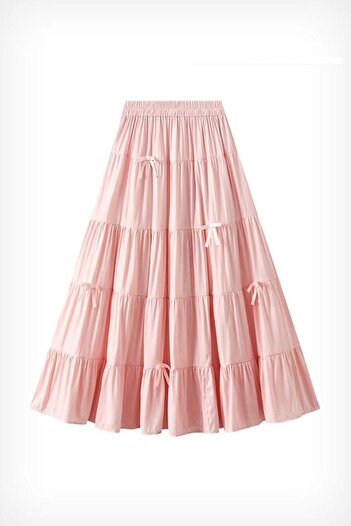 Karakedi Ruffle Section Basic Mini Ribbon Detail Long Skirt