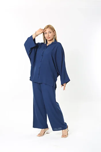 XL Modam Women's Long Sleeve Dark Blue Linen Large Size Set