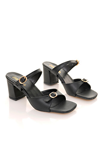 meyra'nın ayakkabıları Women's Gold Buckle Detailed Heeled Slippers Black