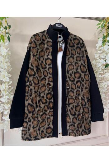 pendkamoda Women's Leopard Garnished Lace-Up Faceted Woven Fabric Zipper Jacket