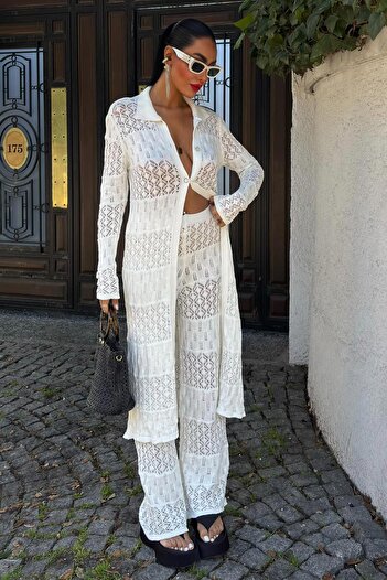 WeShaya Women's Ecru Long Vortex Viscon Cardigan Suit